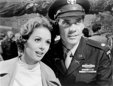 Dana Wynter, Mel Ferrer, on-set of the Film, "Fraulein", 20th Century-Fox, 1958 (b/w film still)