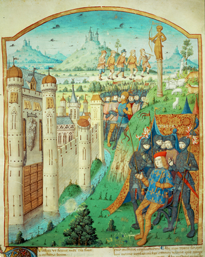 A king on his throne, surrounded by knights, outside a fortified town