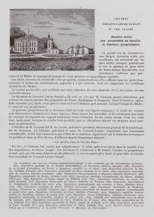 Chateau Gruaud-Larose-Sarget, 2e Cru Classe, Societe civile des proprietes de famille, D Cordier, proprietaire (b/w photo)