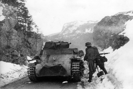 German tank in Norway, 1940 (b/w photo)