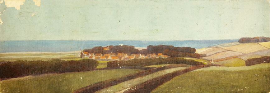 View over Saltmarshes with Windmill, Cley-next-the-Sea, Norfolk, 1909 (oil on board)