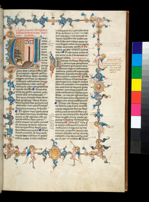Ms 360. Valerius Maximus, Factorum et Dictorum Memorabilium Libri, f.3r. Incipit page with inhabited initial [U], representing Valerius Maximus pointing to the city of Rome, and full foliate border with putti, c.1370-80 (parchment)