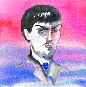 Achille-Claude Debussy, French composer (1862-1918), watercolour portrait with impressionist seascape background, in reference to his symphonic work (of 1905) 'La Mer'