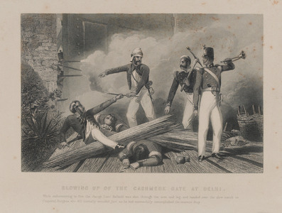 Blowing up of the Cashmere Gate at Delhi, Indian Mutiny, 1857 (engraving)