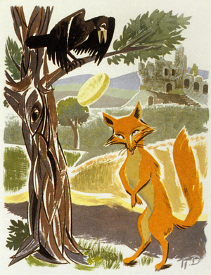 Illustration of La Fontaine's fable 'The Crow and the Fox', 1965 (colour litho)