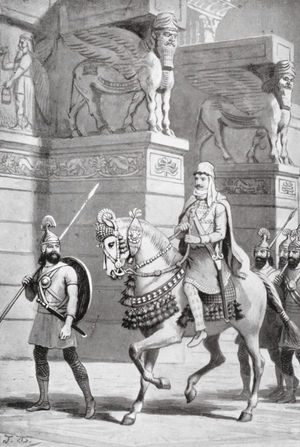 King Cyrus entering Susa, one of the cities he had taken (litho)