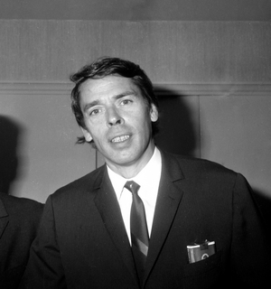 Jacques Brel in Paris to receive the Dario Morenno Prize, October 21, 1969 (b/w photo)