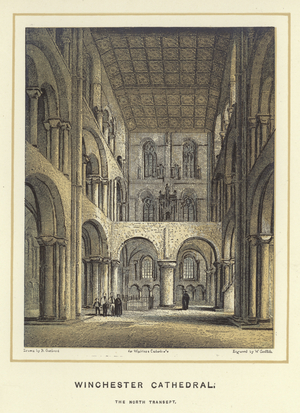 Winchester Cathedral, the north transept (colour litho)