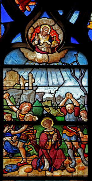 Window w46 depicting St Stephen's martyrdom (stained glass)