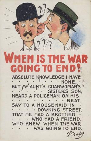 Two men gossiping about the end of the war (colour litho)