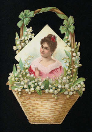 Portrait of a woman in a basket of lily of the valley flowers, (chromolitho)