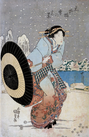 Night Snow Scene at Motonoyanagi Bridge, c.1825 (woodblock print)