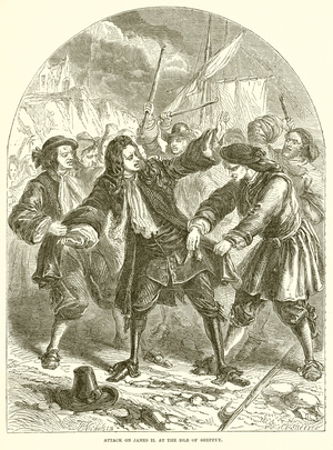 Attack on James II. at the Isle of Sheppey (engraving)