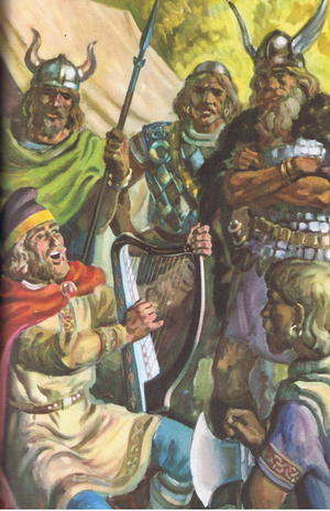 Alfred disguised as a minstrel spying in the Danish camp, illustration from King Alfred the Great published by Wills and Hepworth, 1959 (colour litho)
