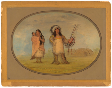 Mandan Civil Chief, His Wife, and Child, 1861-1869 (oil on card mounted on paperboard)