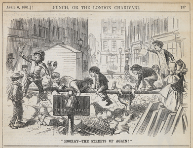 "Horray - the streets up again ! ". Children playing in a street that has been dug up for road works.