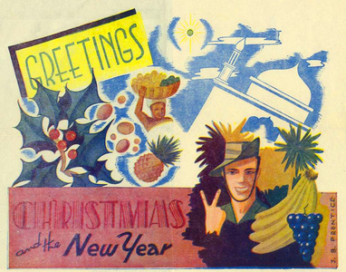 India: British Indian forces Christmas card - V for Victory in a tropical setting. c.1941-45.