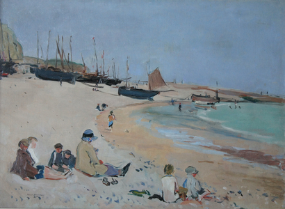 A Day on the Beach at Hastings, Sussex, 20th century (Oil on canvas)