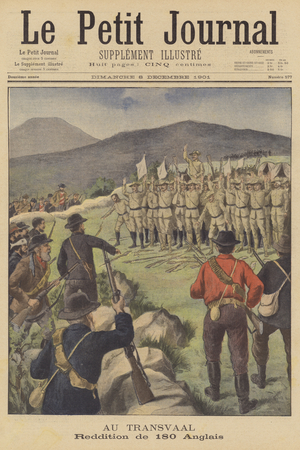 Surrender of 180 British soldiers to the Boers in South Africa (colour litho)
