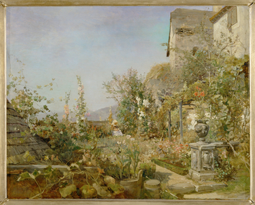 Blumengarten in Weissenkirchen - Garden with flowers in Weissenkirchen … (oil on wood)