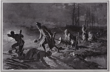 In 'No Man's Land': the dread territory which belongs neither to German nor to Briton - night work of the Royal Engineers in 'No Man's Land' - putting up barbed wire in front of British trenches. Published in The Sphere, 13 February 1915 (litho)