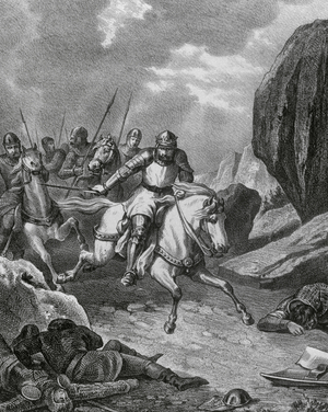 1383-1385 Portuguese interregnum. Battle of Aljubarrota,14 August 1385. Emgraving.