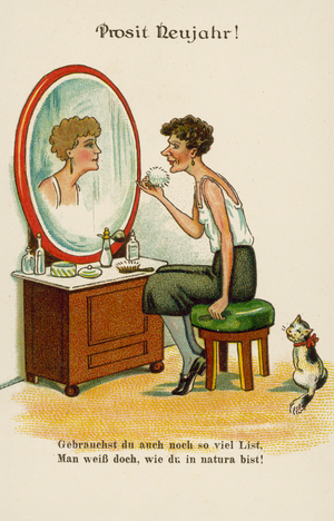 Old woman looking in a mirror and seeing her younger self (colour litho)