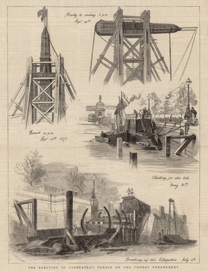 The erection of Cleopatra's Needle on the Thames Embankment (engraving)