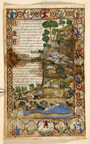 Add. 28841, f.1v: Geometric full-page borders of rhomboids, roundels, and quatrefoils inhabited by animals and figurative scenes: Shepherds watching over sheep and goats and fighting off wolves, a red devil standing on horseback in the border, from a Treatise on the Virtues and Vices, and an anonymous prose history of Sicily (fragment), c.1330-40 (vellum)