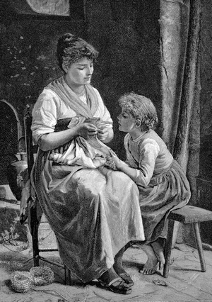 Mother Gives Her Daughter Lessons in Knitting, Historic, digital reproduction of an original 19th century pattern