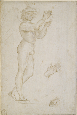 Two Studies (bisected) of a young Man making Music, WA1846.155 (metalpoint, heightened with heghteining, on a pale stone-grey prepared paper)