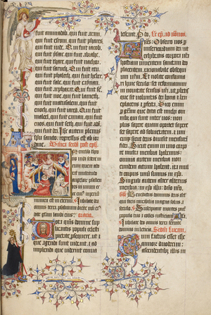 Temporale. First Sunday after Epiphany. Text with initial 'I', Christ teaching in the Temple; outside, Mary and Joseph. Marginal decoration includes an angel; and in lower margin, an abbot with a crozier, kneeling