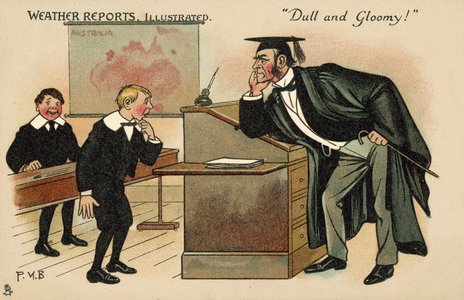 Boy facing a bad-tempered schoolmaster (colour litho)
