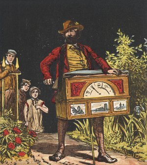 Itinerant organ grinder. Chromolithograph c1867.