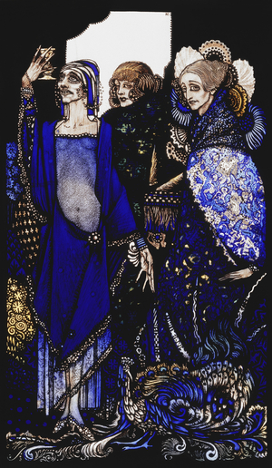 Queens who wasted the East by proxy....'. 'Queens', nine glass panels acided, stained and painted, Illustrating J.M. Synge's poem, 1917 (paint on glass)