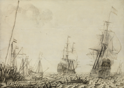 Ships near a Harbor, 1649 (ink on panel)