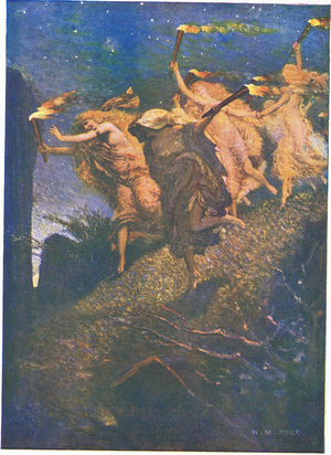 First Walpurgis Night: "Through the gloom lead and follow, In and out each rocky hollow" (colour litho)