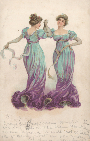 Two dancing women wearing matching blue-and-purple full-length dresses (colour litho)