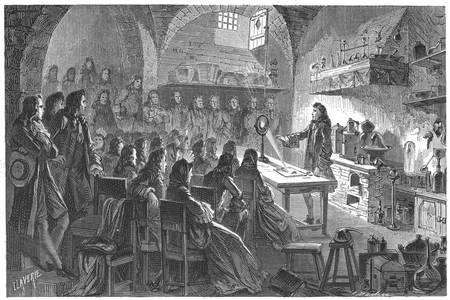 Nicolas Lemery (1645-1715) French physician and chemist. Lemery giving a public lecture on chemistry in Paris, c1675. Engraving published Paris, 1874.