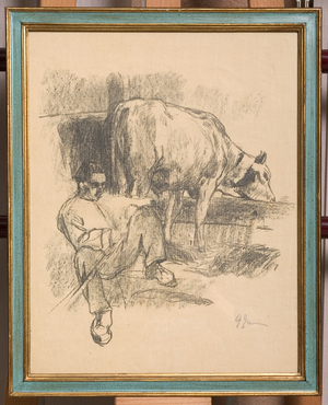 Peasant sitting and a Cow at the manger (litho)