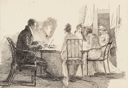 Interior with seated figures, 1804-05 (pen & ink on paper)