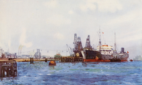 Petrol, Oil tankers discharging (colour litho)