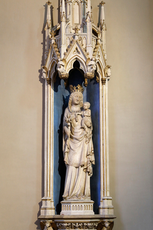 Saint Germain des Pres church, Paris, France. Notre Dame de consolation, 14th century Virgin and child statue.
