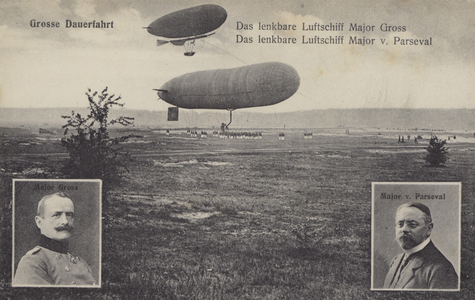 Dirigible airships of Hans Georg Friedrich Gross and August von Parseval (b/w photo)
