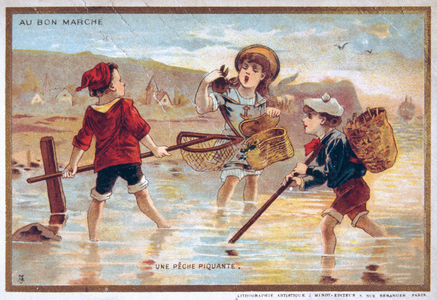 vintage postcard depicting children on a beach, 1900