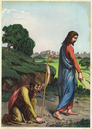 Jesus telling a man "Seek, and ye shall find" (colour litho)