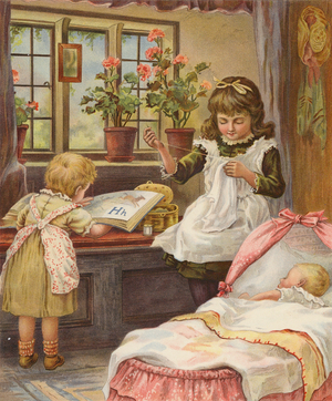 Girl looking after her younger siblings (chromolitho)