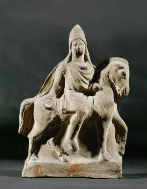 Small statue of a rider with Greek clothes and Asian headgear, holding a patera in his hand …