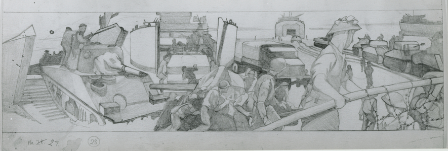 Ships unload stores at the prefabricated Mulbery harbour in Arromanches (pencil on paper)