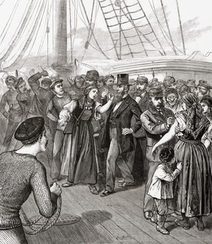 New York health officers vaccinating immigrants against smallpox (print)
